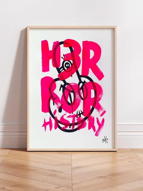 tirage d'art fuck pop art "horreur de l'histoire" rose fluo format A2