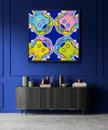 tableau de mickey mouse "pop art" 100x100 cm- 4 têtes de mickey à chaque coins de la toile, ambiance bleu