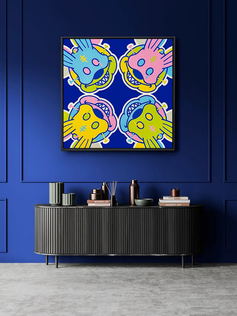 tableau de mickey mouse "pop art" 100x100 cm- 4 têtes de mickey à chaque coins de la toile, ambiance bleu