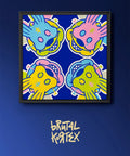 zoom sur un tableau de mickey mouse "pop art" 100x100 cm- 4 têtes de mickey à chaque coins de la toile, ambiance bleu